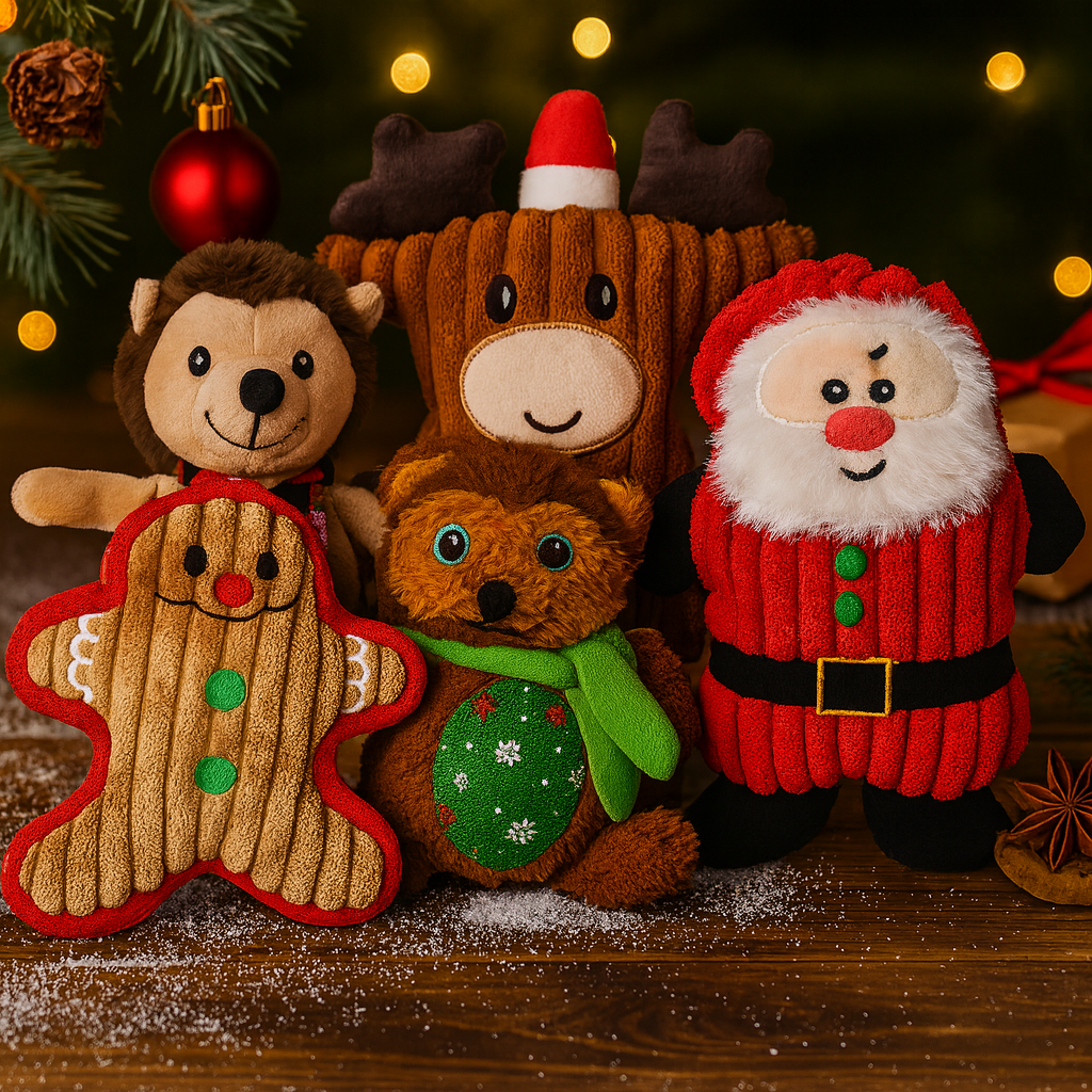 Peluches de Noël pour chien – Jouets doux et sécuritaires  Renne, Père Noël, pain d’épices